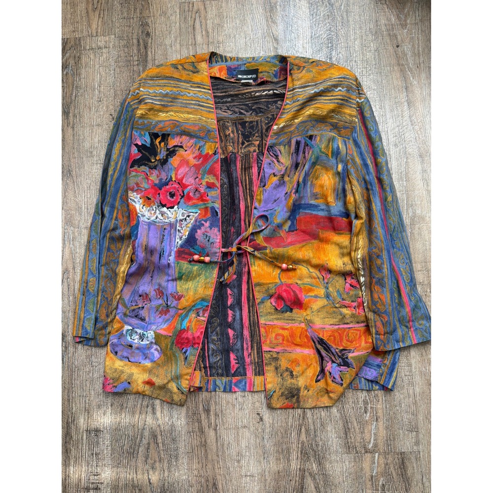 In Group Ltd Vintage Artistic Floral Abstract Rayon Tie‎ Front Jacket Multicolor